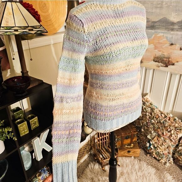 Vtg 70's Licrorice Pastel Striped Knitted Acrylic  Stylish Cozy Sweater. S fit - Picture 11 of 13